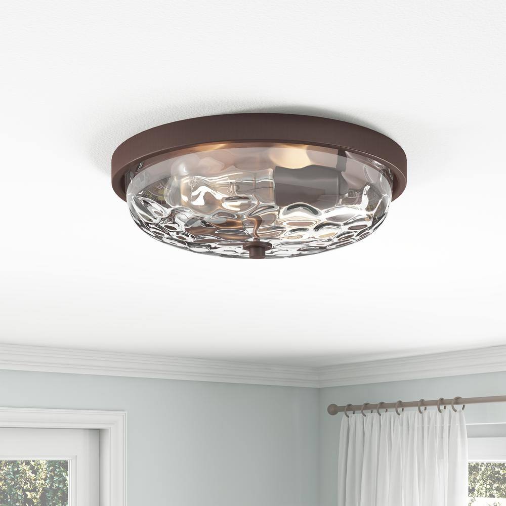 12.99 in. 2-Light Farmhouse Oil Rubbed Bronze Flush Mount Ceiling Light Fixture with Water Ripple Glass Shade - Hercitys