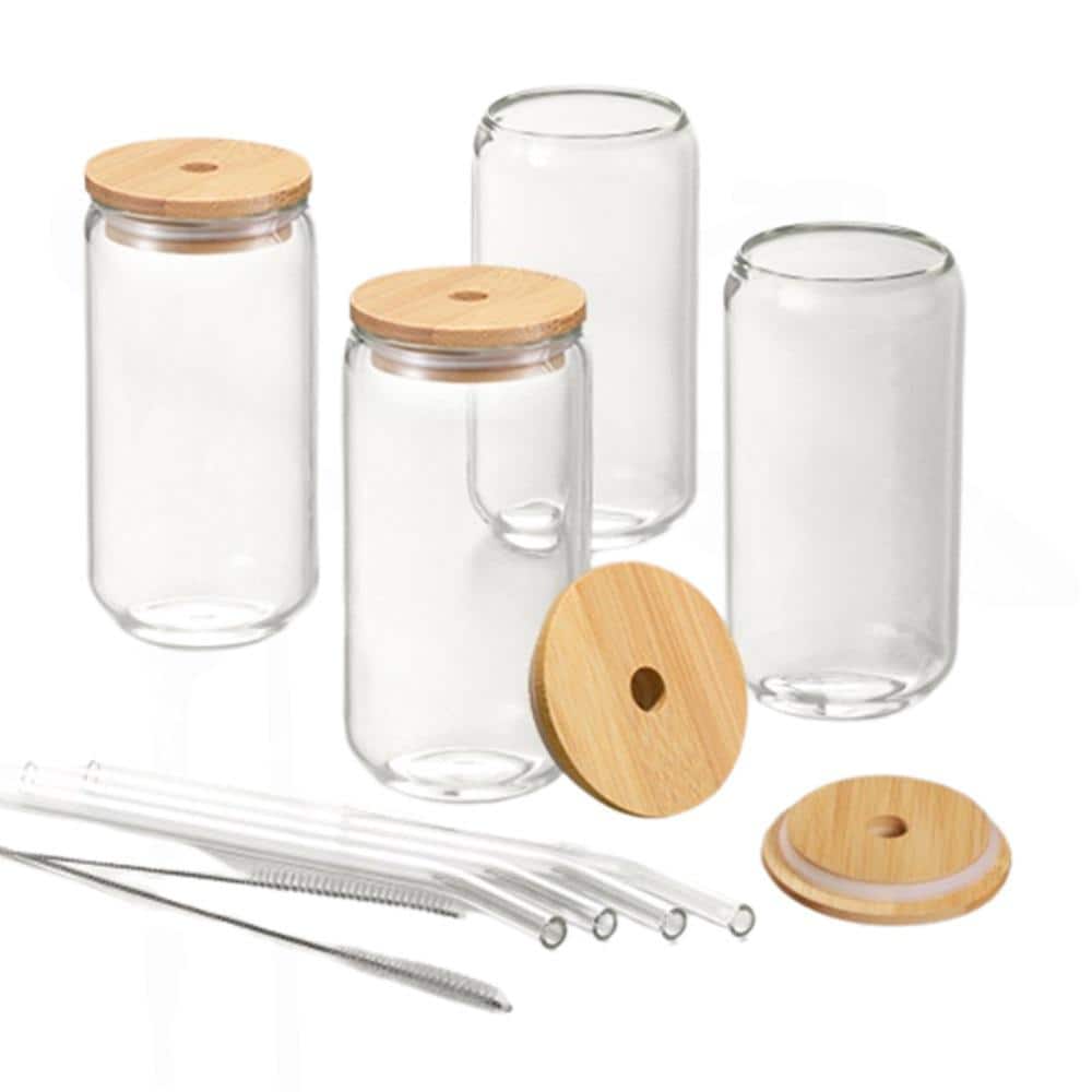 16 oz. Clear Shaped Drinking Glass Set with Bamboo Lids, 4 Straw and 2 Cleaning Brush (4-Pack) - Hercitys