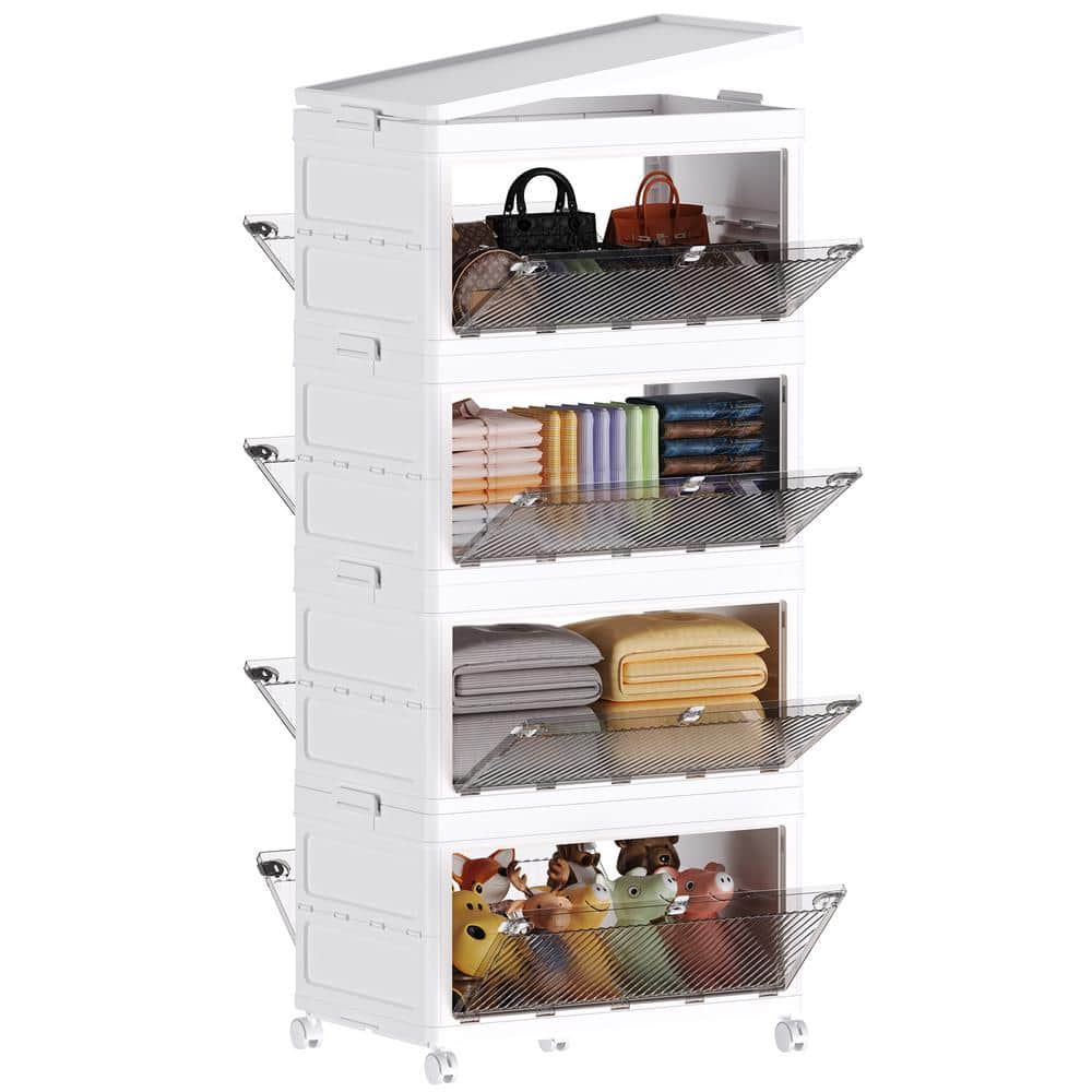 4-Tier 88 qt. Collapsible Storage Bins Stackable Plastic Organizers in White with Lids and Wheels for Home, Kitchen etc - Hercitys