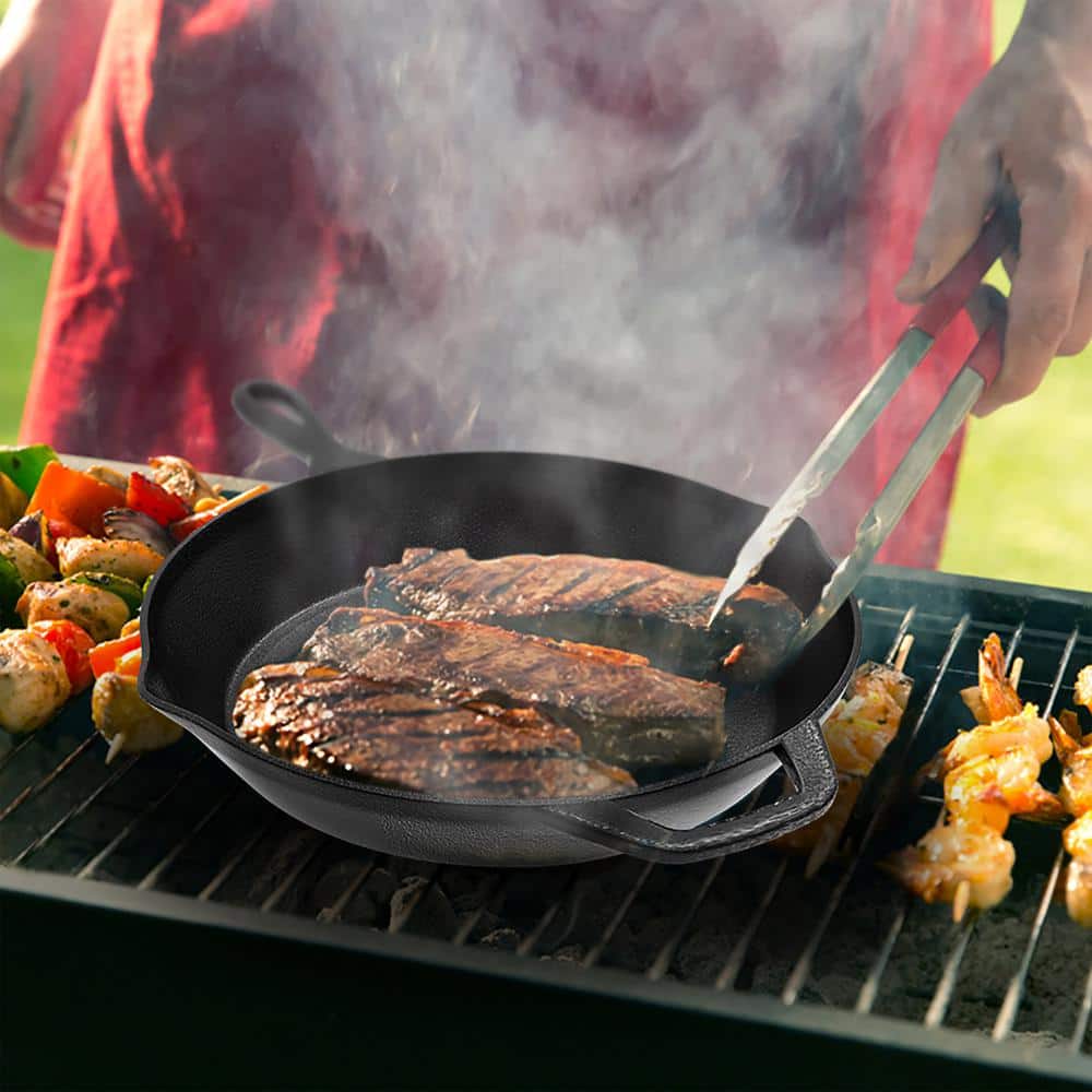 12 in. Cast Iron Skillet in Black with Pour Spout - Hercitys