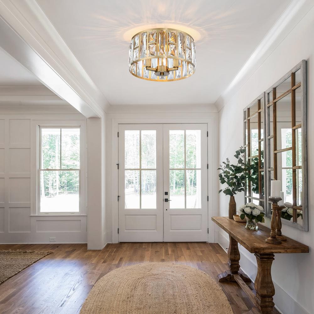 12 in. 3-Light Round Modern Gold Drum Flush Mount Ceiling Light with Clear Crystal Shade - Hercitys