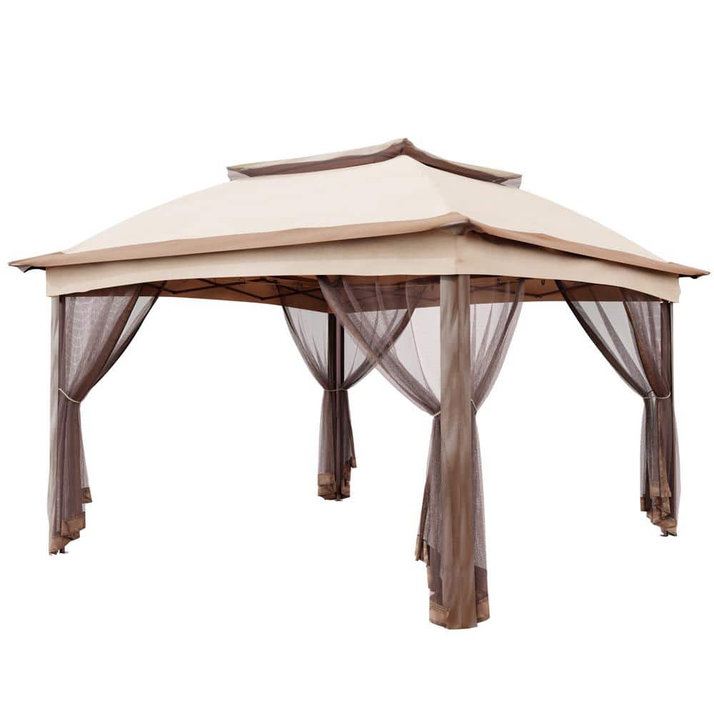 11 ft. x 11 ft. Beige Steel Pop-up Gazebo with Mosquito Netting - Hercitys