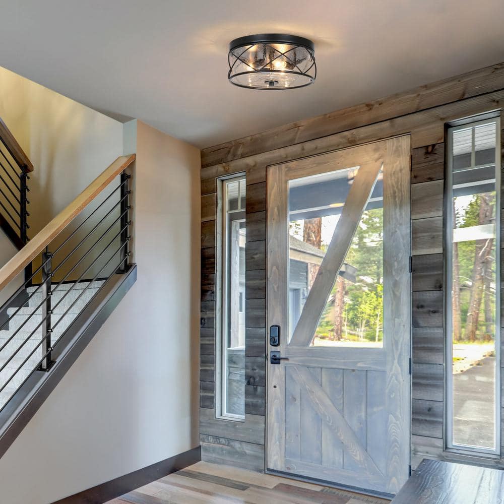 13 in. 3-Light Black Modern Farmhouse Foyer Flush Mount with Clear Seeded Glass Shade Classic Circle Ceiling Light - Hercitys