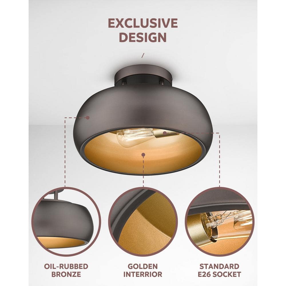 13.8 in. 1-Light Oil Rubbed Bronze Semi-Flush Mount with Metal Shade and No Bulbs Included - Hercitys