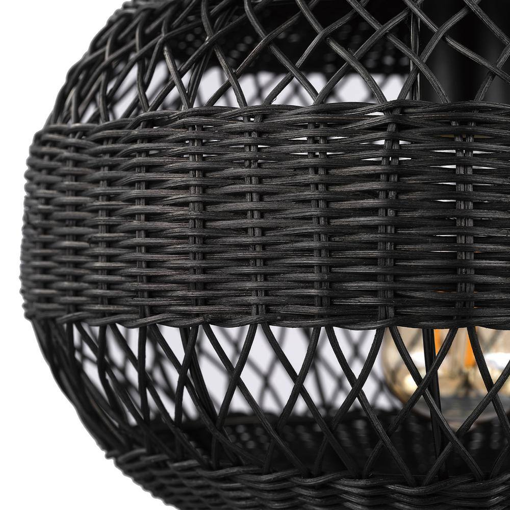 12 in. 1-Light Matte Black Farmhouse Semi-Flush Mount with Rattan Shade and No Bulbs Included - Hercitys