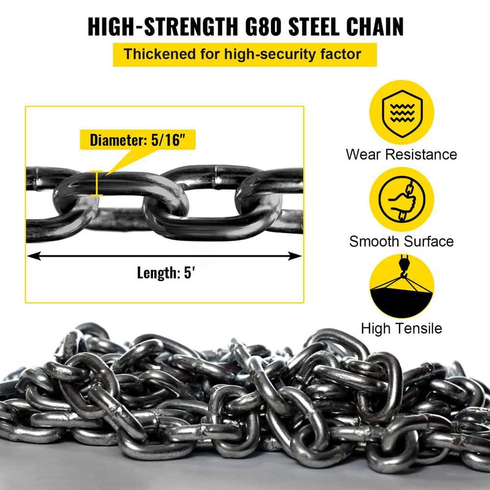 5 ft. Hoist Chain Sling 5/16 in. Engine Lift Chain G80 Alloy Steel 3-Ton with 4 Leg Grab Hooks and Adjuster - Hercitys