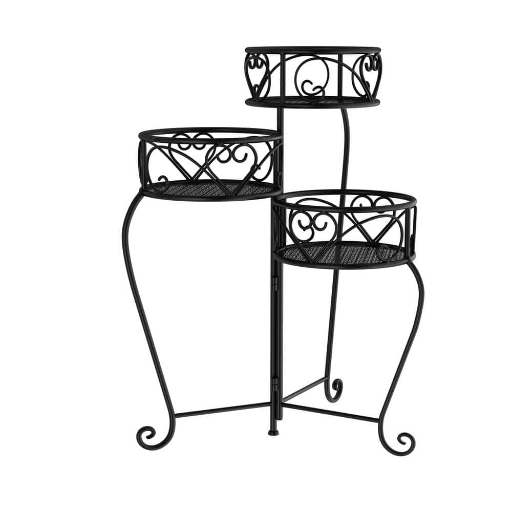 3-Tier Black Metal Decorative Folding Plant Stand Display with Laser Cut Shelves - Hercitys