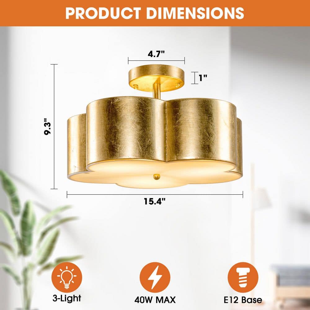 15.35 in. 3-Light Gold Metal Flower Semi Flush Mount Ceiling Light Fixture - Hercitys