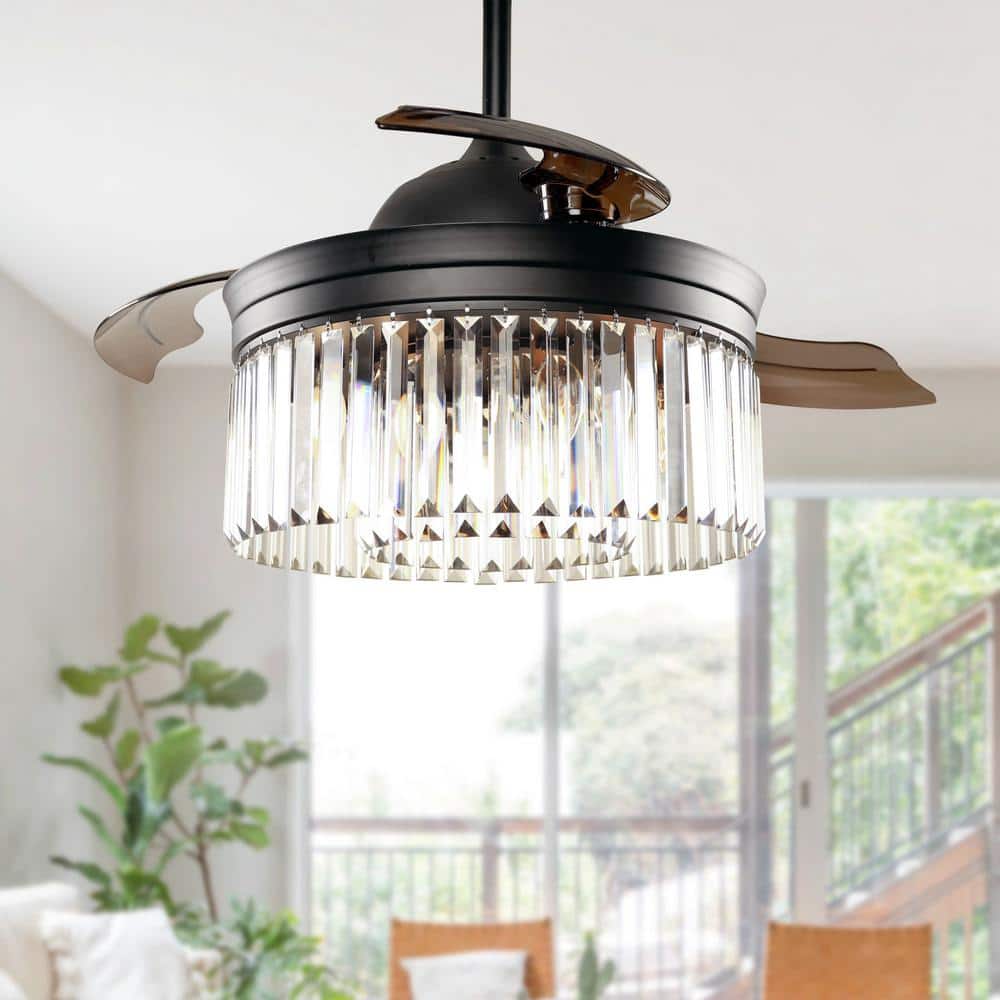 42 in. Black Crystal Retractable Ceiling Fan with Light Kit and Remote Control - Hercitys