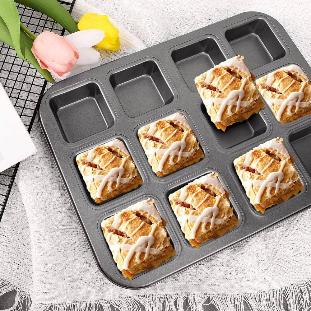2-Piece Black Square Cupcake Brownie Pans, 12-Mini Cavity Non Stick Baking Pan, Bakeware Set with Dividers - Hercitys