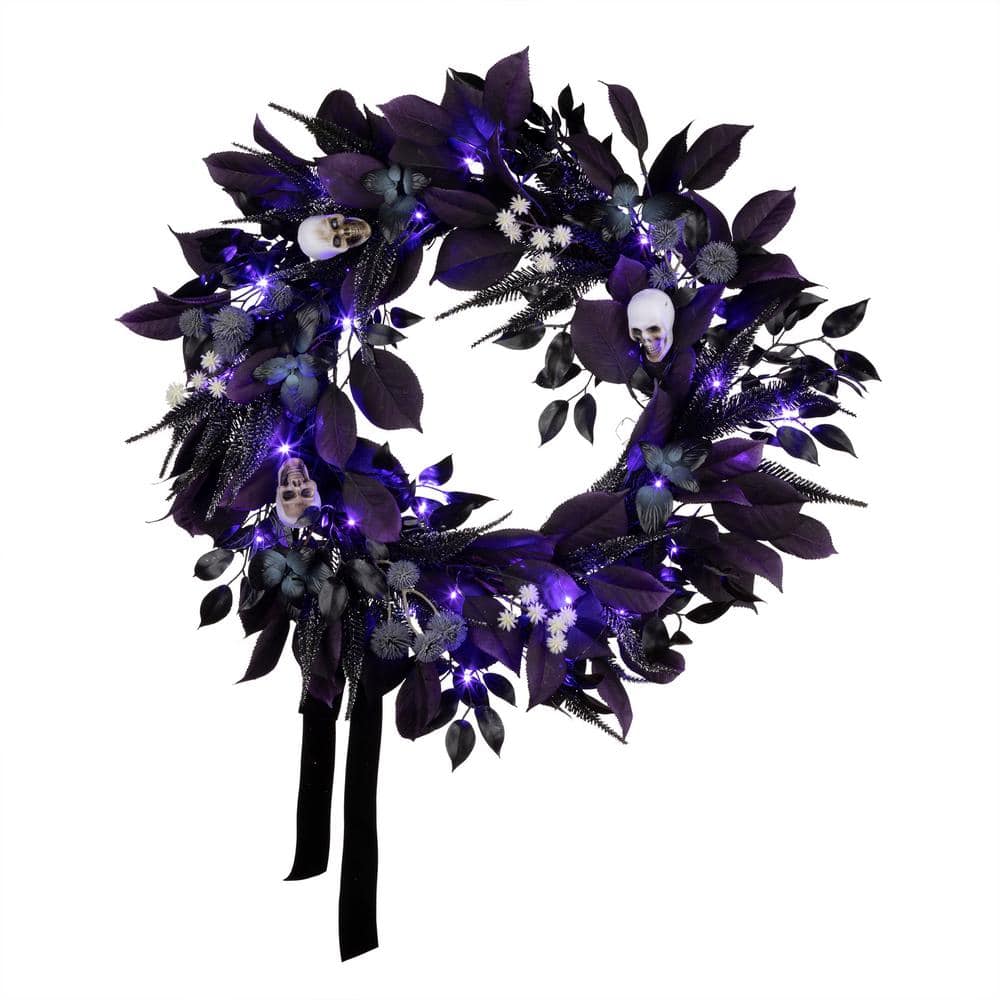 26 in. Floral Mini Skull Wreath with 30 Purple Battery-Operated LED Lights - Hercitys