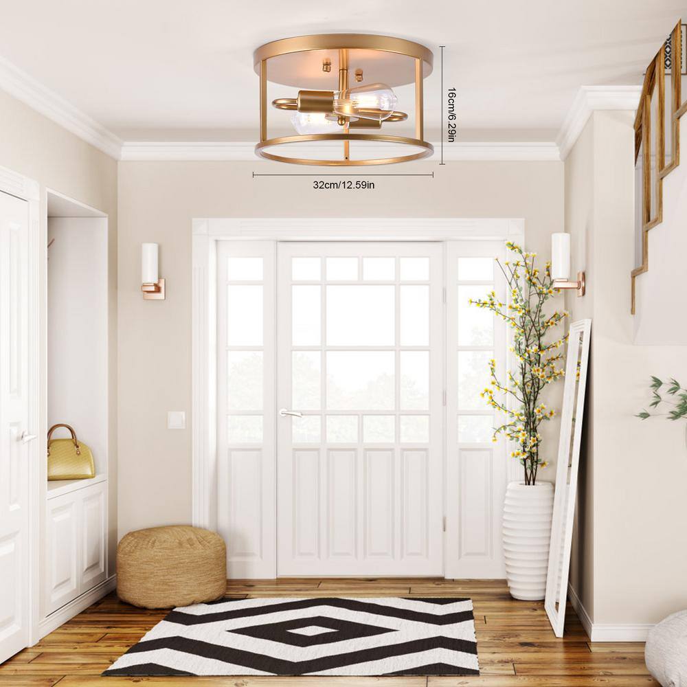 2-Light Gold Farmhouse Round Cage Flush Mount Ceiling Light with No Bulbs Included 12.59 in. - Hercitys