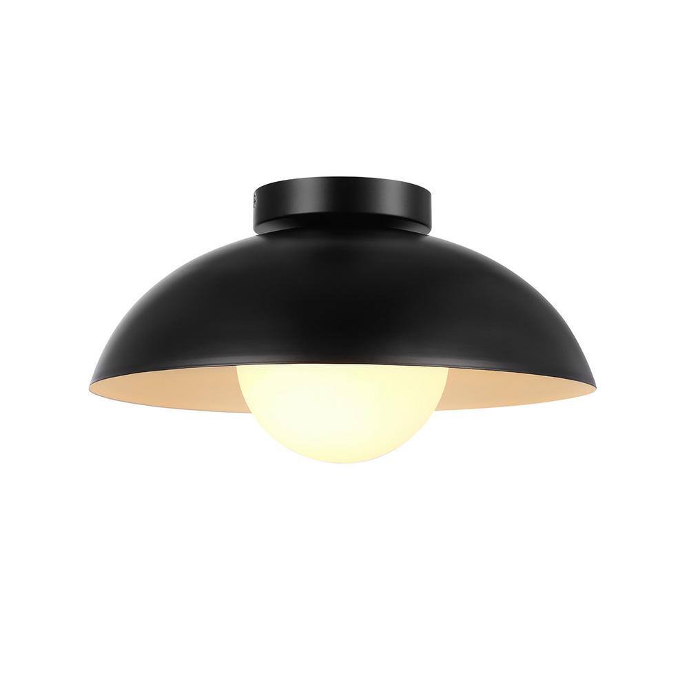 13 in. 1-Light Matte Black Flush Mount Ceiling Light with White Opal Glass Shade - Hercitys