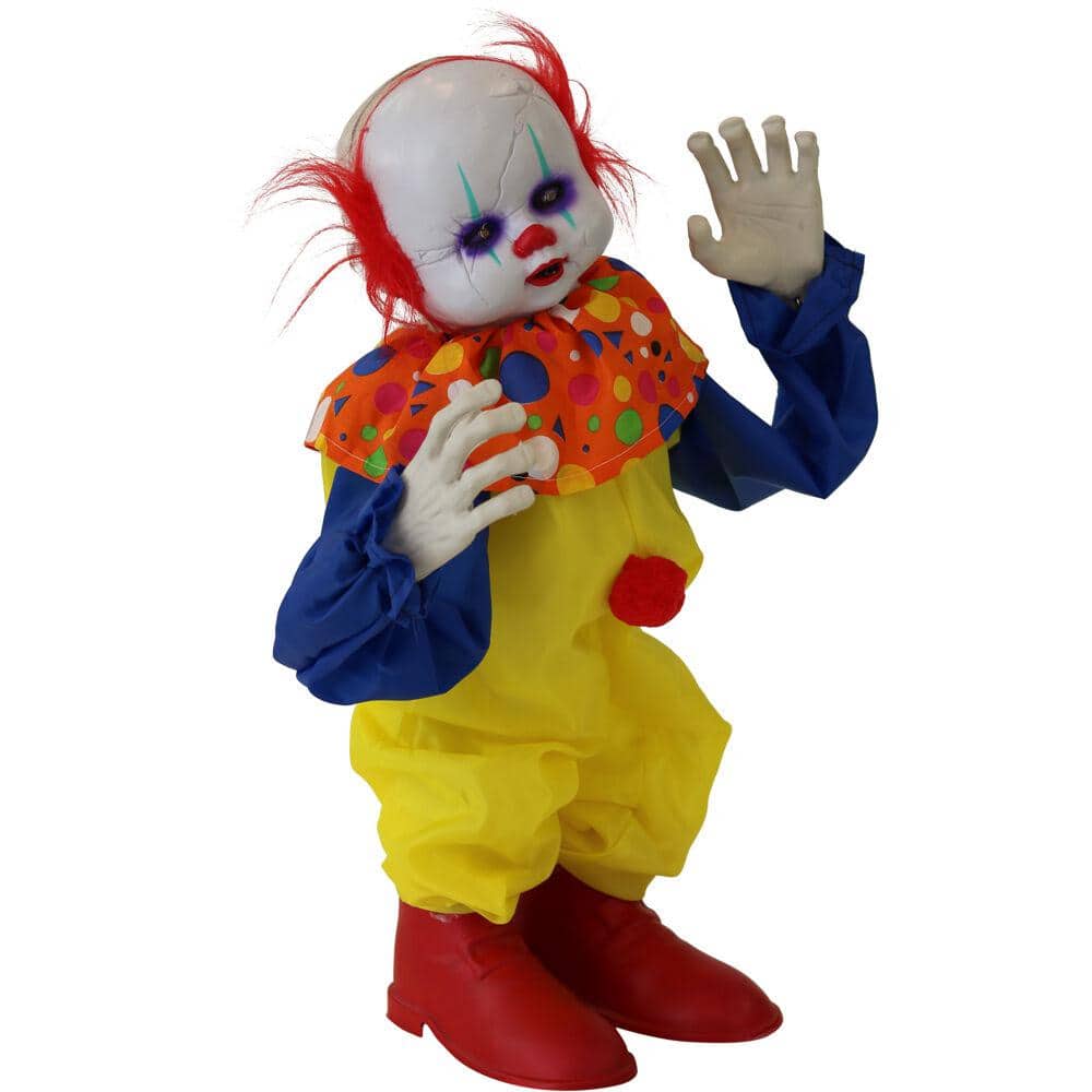 24 in. Battery Operated Animatronic Clown with Red LED Eyes Halloween Prop - Hercitys