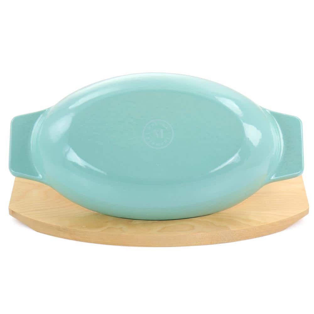 2-Piece Enameled Cast Iron Oval Casserole Birch Wood Trivet Set in Aqua - Hercitys
