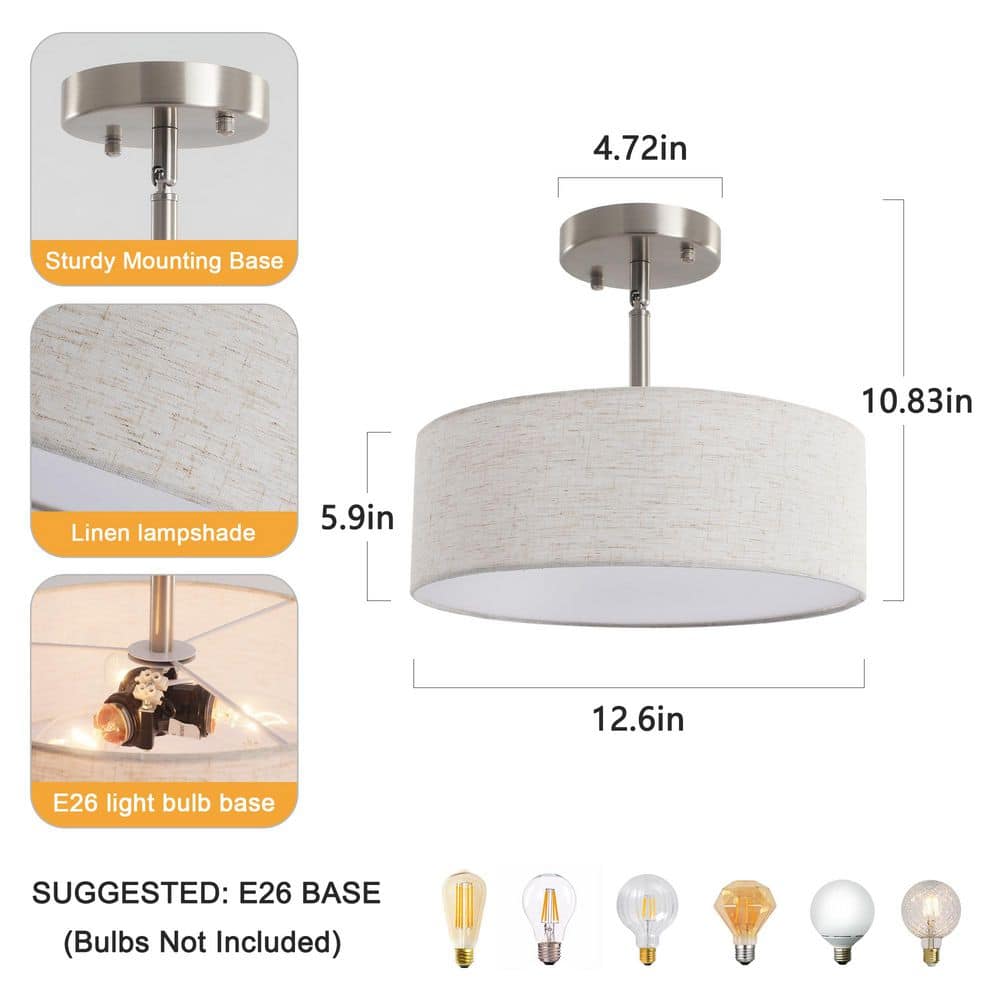 12.6 in. 3-Light Nickel Farmhouse Drum Semi-Flush Mount Light with Linen Cover - Hercitys