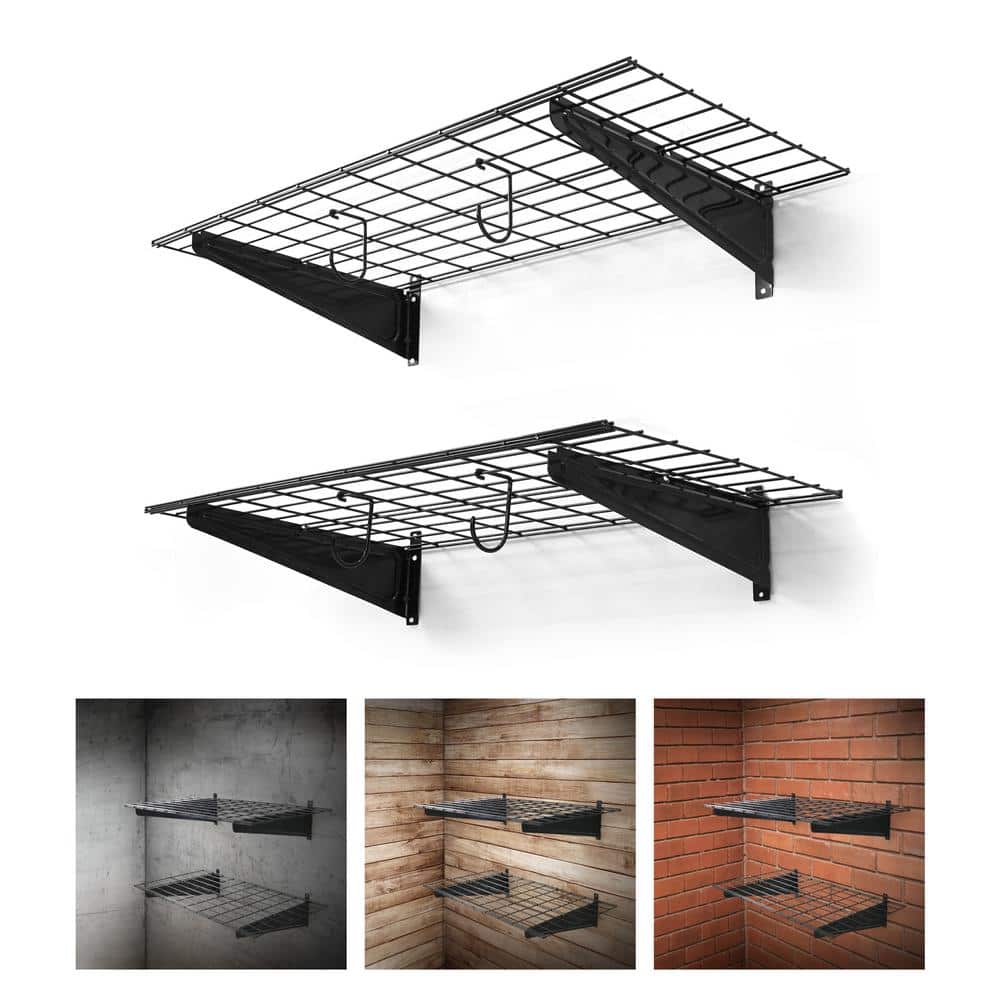 36 in. W x 18 in. D Black Metal Garage Wall Shelf, Wall Mounted Garage Shelves with 2 Bike Hooks, (Pack of 2) - Hercitys