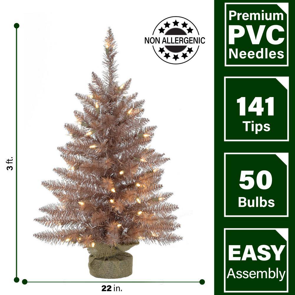 3 ft. Blush Pre-Lit Festive Tinsel Artificial Christmas Tree with Burlap Bag and Warm White LED Lights - Hercitys