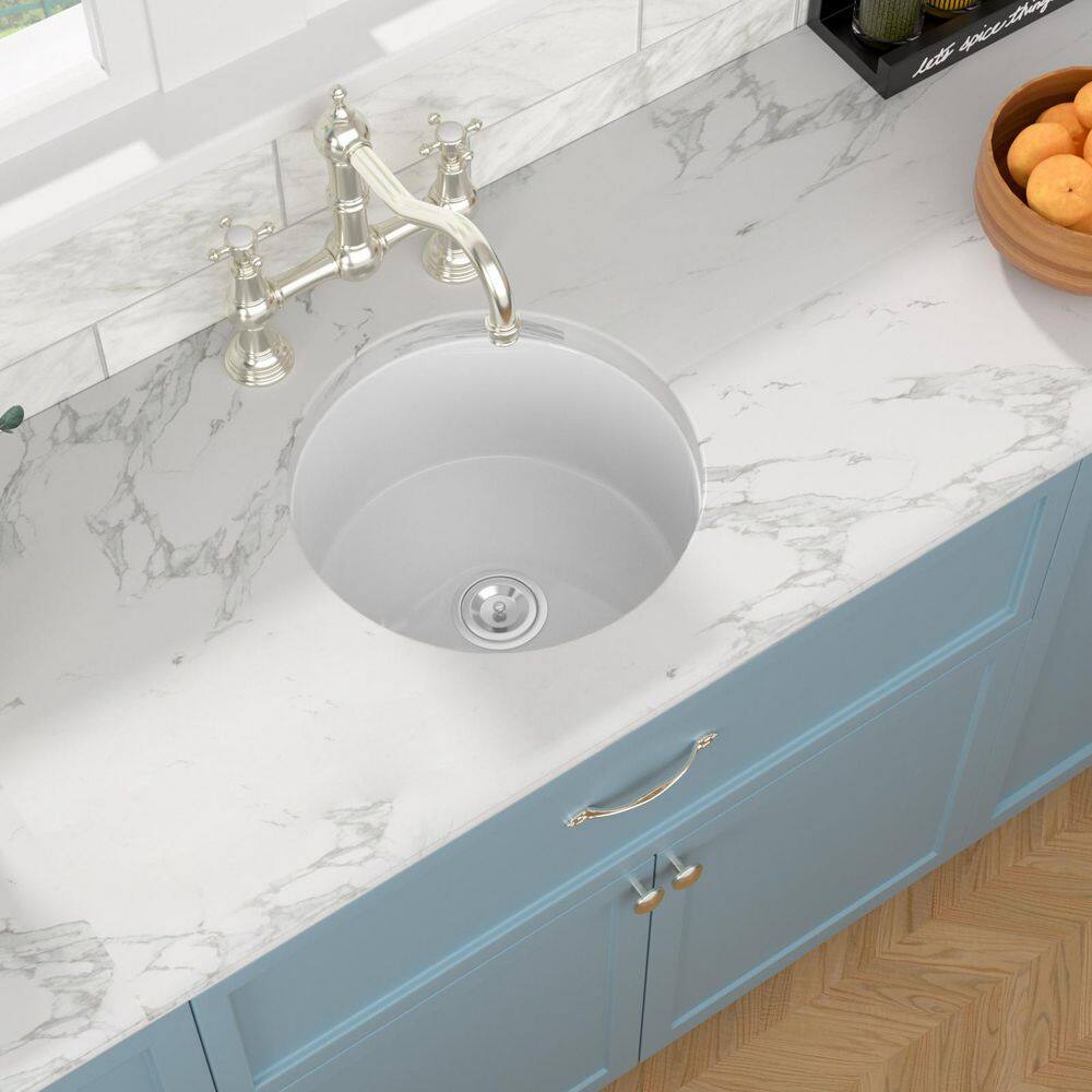 18 in. Undermount Single Bowl Round White Ceramic Kitchen Sink with Bottom Grid and Strainer - Hercitys