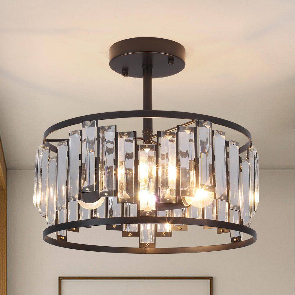 12.6 in. 3-Light Matte Black Semi Flush Mount Light with Clear Glass Shade - Hercitys