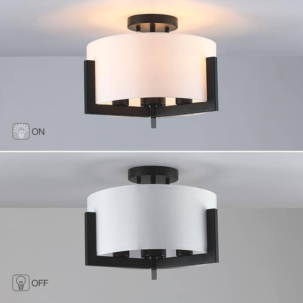 14 in. 3-Light Matte Black Semi-Flush Mount Ceiling Light with Drum Shade - Hercitys