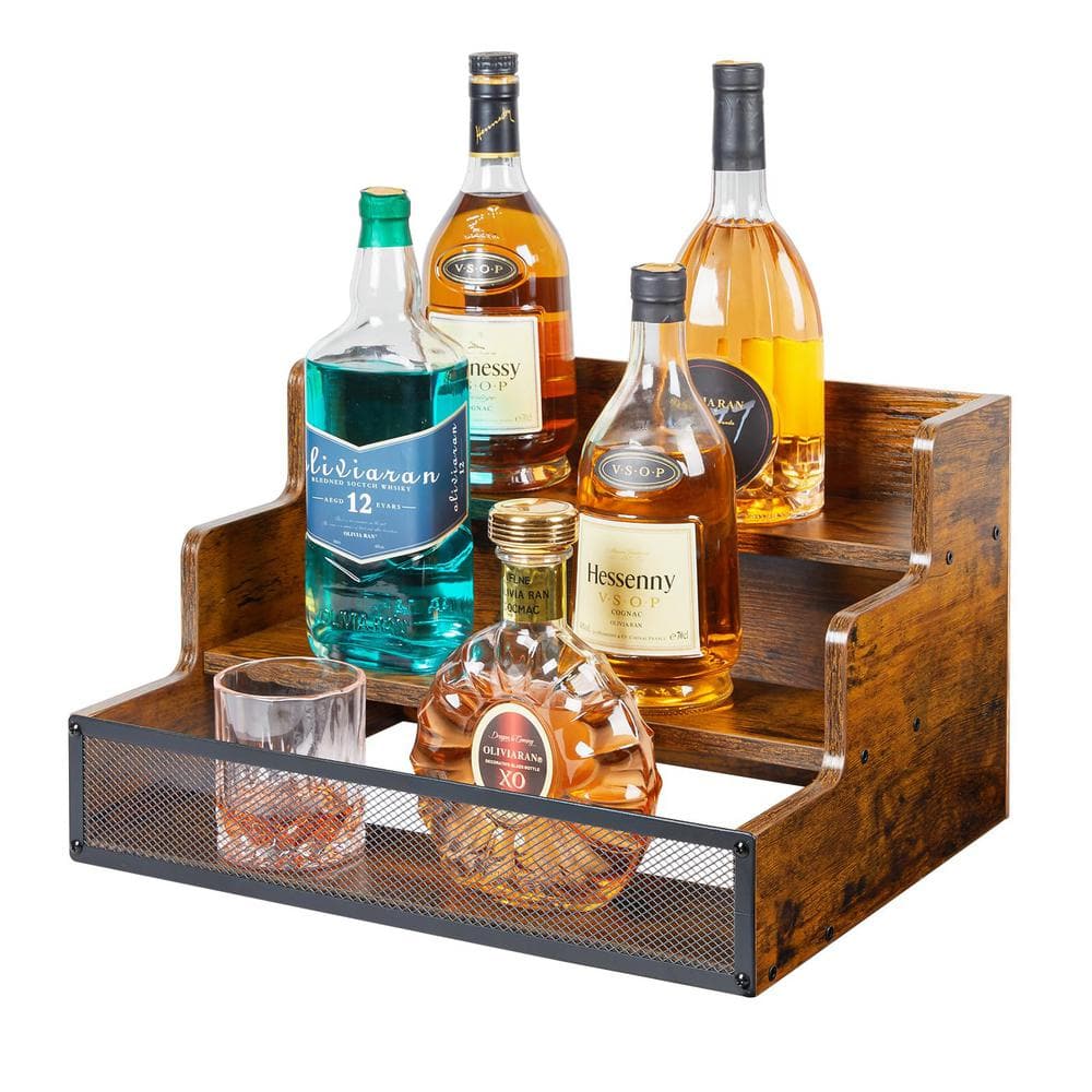 3 Step Wood Bar Shelves with Fence for 12 Bottles, Countertop Liquor Bottle Display Shelf, Freestanding Storage Shelves - Hercitys
