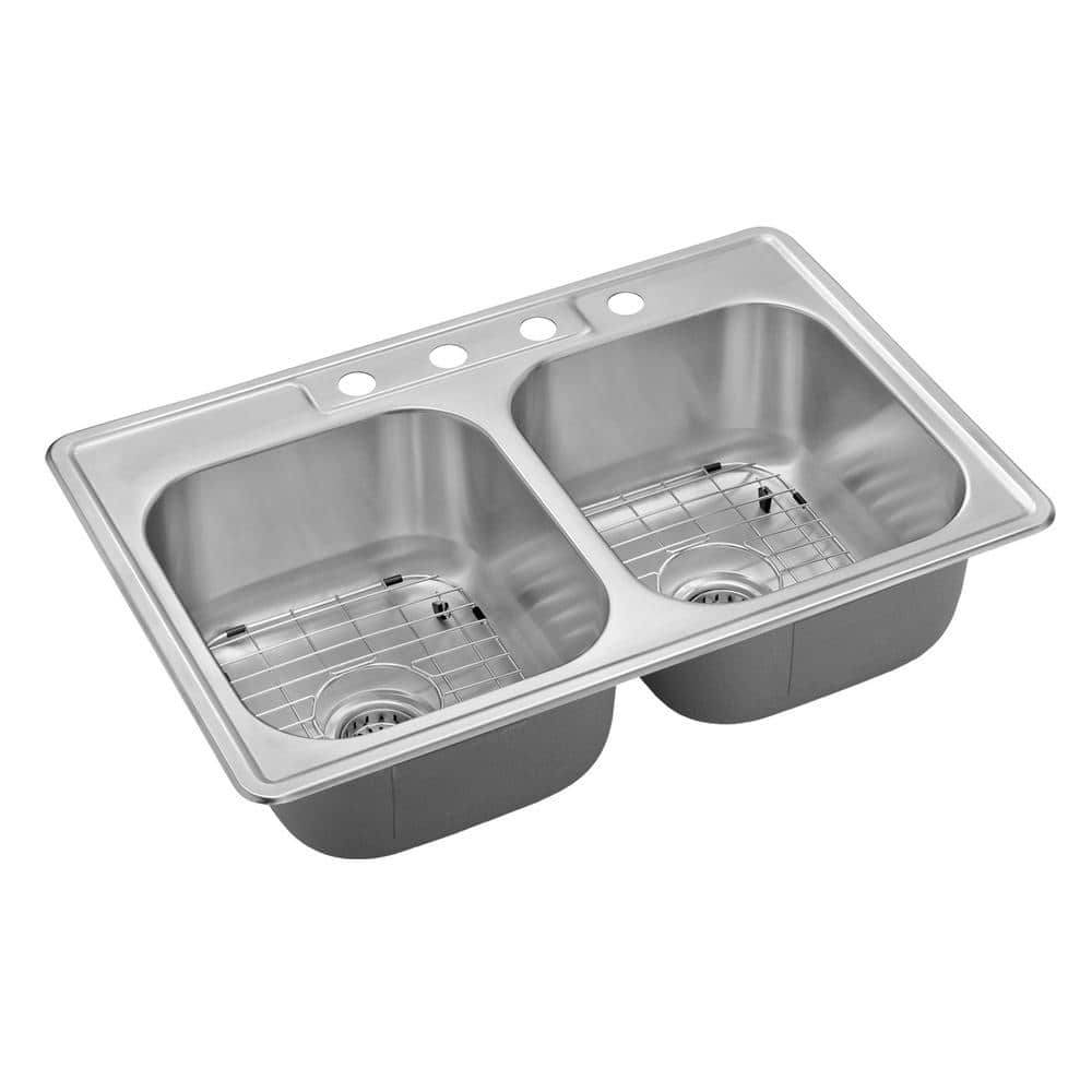 18-Gauge Stainless Steel 33 in. Double Bowl Drop-In Kitchen Sink with Bottom Grid - Hercitys