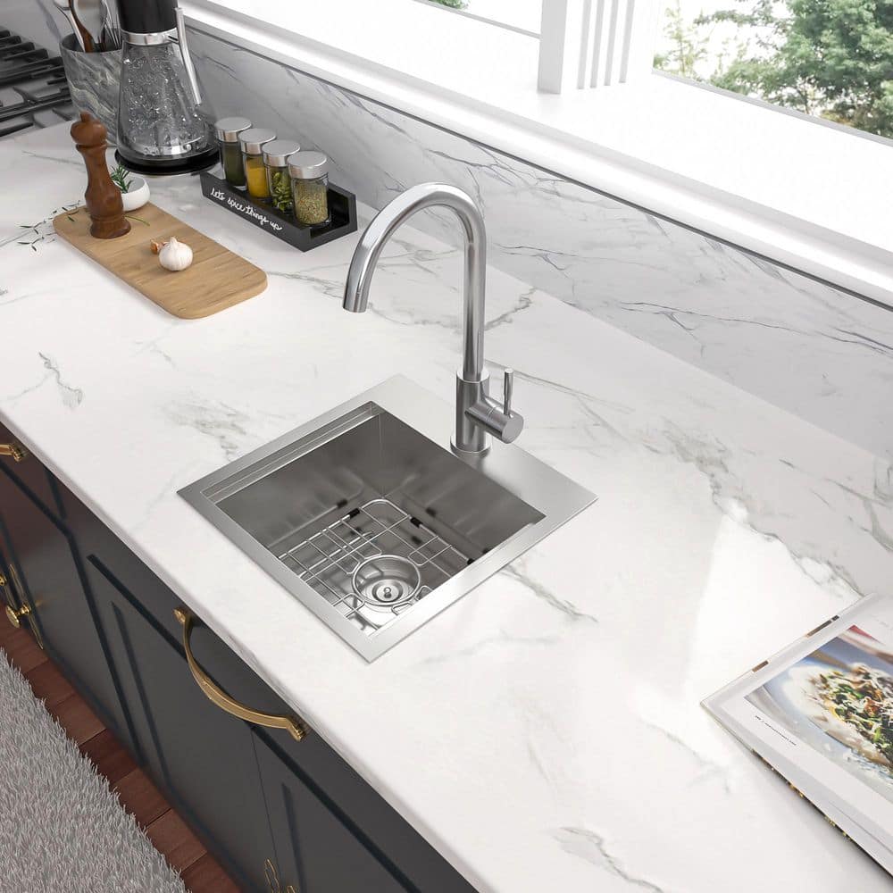 15 in. 16-Guage Stainless Steel 15 x 15 in. Single Bowl Drop-In Kitchen Bar Sink - Hercitys