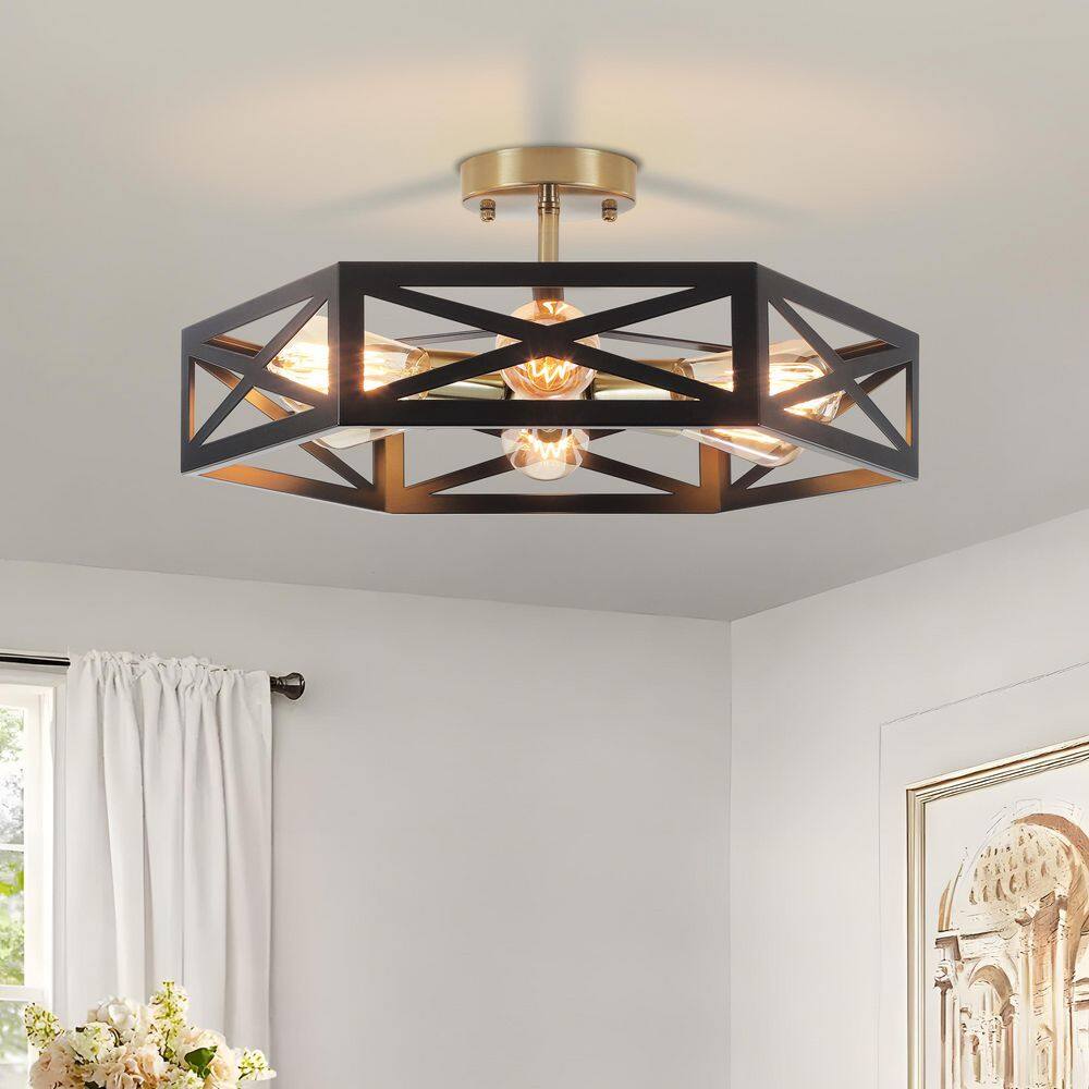 14.57 in. 3-Light Black and Gold Modern Industrial Metal Hexagonal Semi-Flush Mount Ceiling Light - Hercitys