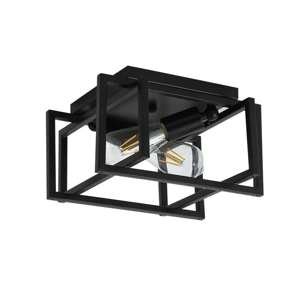 11.41 in. 2-Light Black Farmhouse Caged Square Flush Mount Industrial Vintage Ceiling Lighting - Hercitys