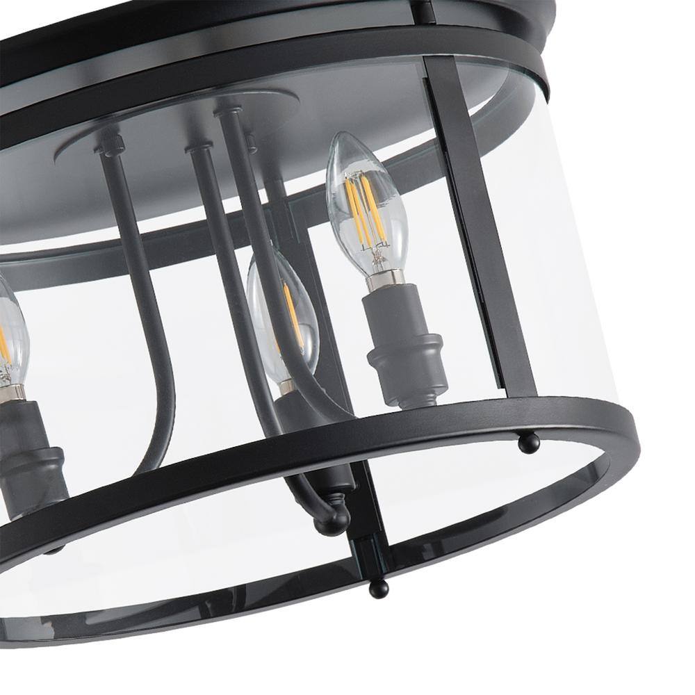 14.37 in. 3-Light Industrial Black Flush Mount Modern Ceiling Lighting Fixture with Clear Glass Shade - Hercitys
