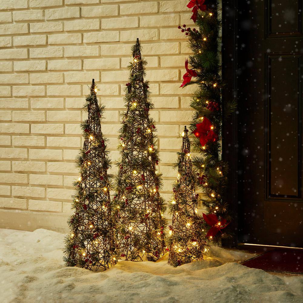 39.25 in. H Lighted Christmas Plastic Cone Tree with 75 Warm White LED Lights (set of 3) - Hercitys