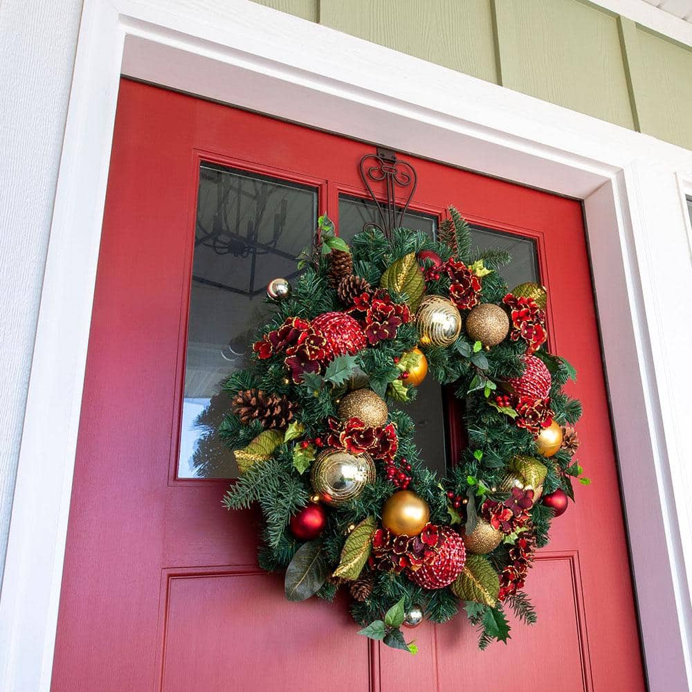 30 in. Artificial Pre-Lit LED Scarlet Hydrangea Wreath - Hercitys