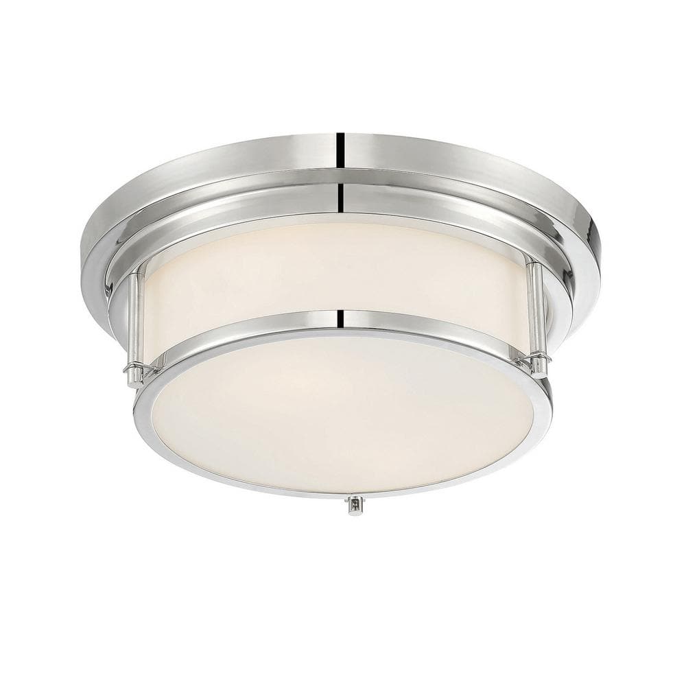 13 in. W x 4.5 in. H 2-Light Polished Nickel Flush Mount Light with White Glass Cylindrical Shade - Hercitys