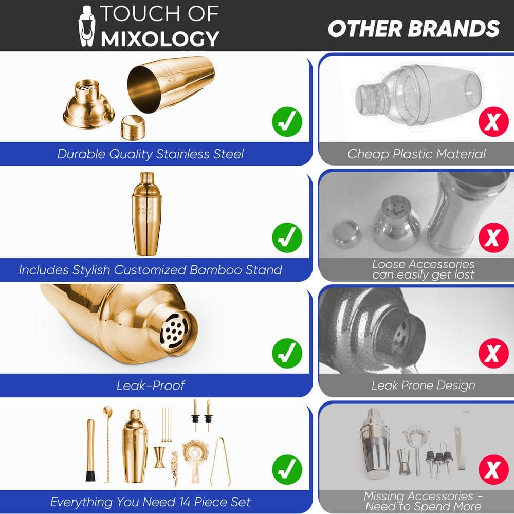 14-Piece Stainless Steel Bartender Kit – Bar Tool Set Cocktail Shaker Set – Cocktail Kit Set – Bartending Kit Gold - Hercitys