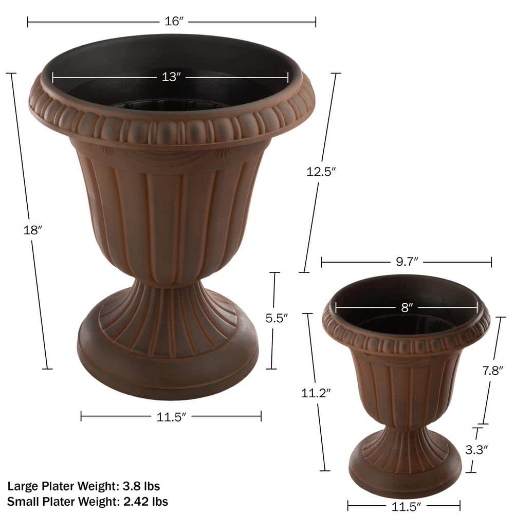 16 in. W x 18 in. H Plastic Large and Small Urn Planter 2-Pack, Brown - Hercitys