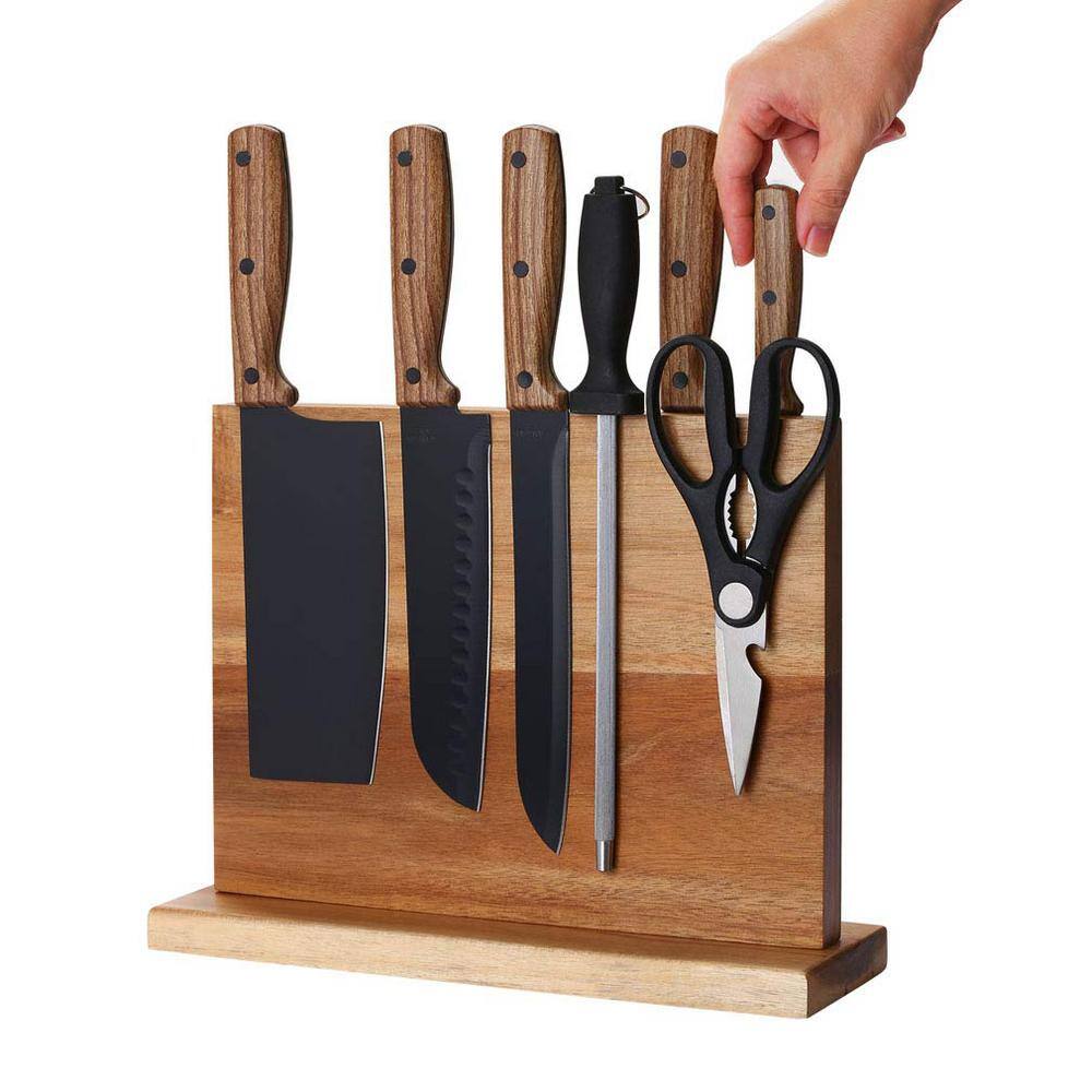 10-Knife Wood Kitchen Magnetic Knife Block, Multifunctional Storage Knife Holder with Strong Enhanced Magnets - Hercitys