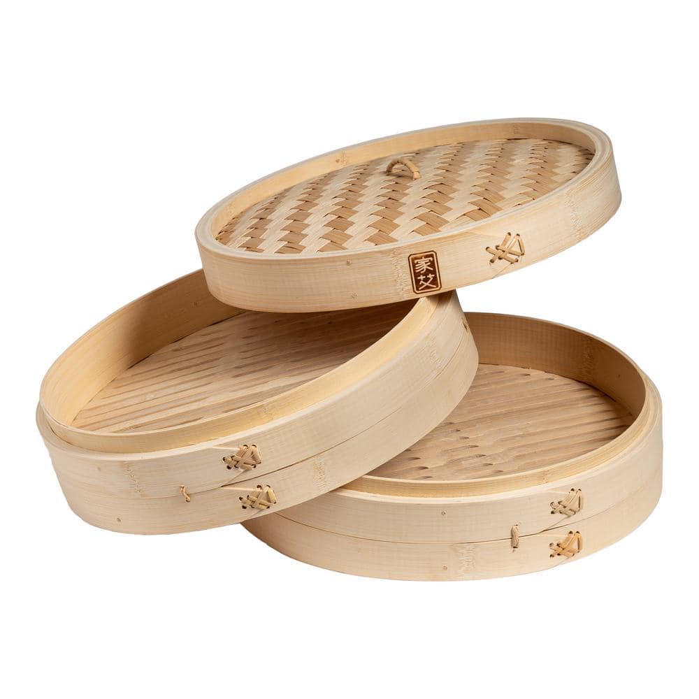 12 in. Natural Bamboo 3-Tier Steamer Baskets - Hercitys