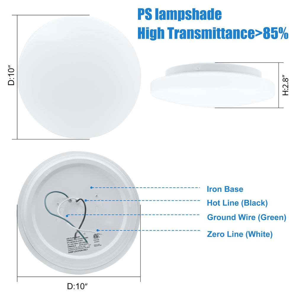 10 in. White Round Low Profile Dimmable LED Flush Mount with Plastic Shade Ceiling Light – 4000K Cool White - Hercitys