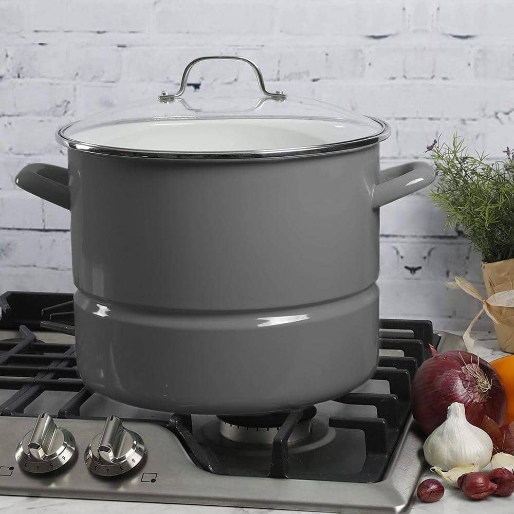 16 qt. Enamel On Steel Stock Pot With Steamer and Lid in Graphite Grey - Hercitys