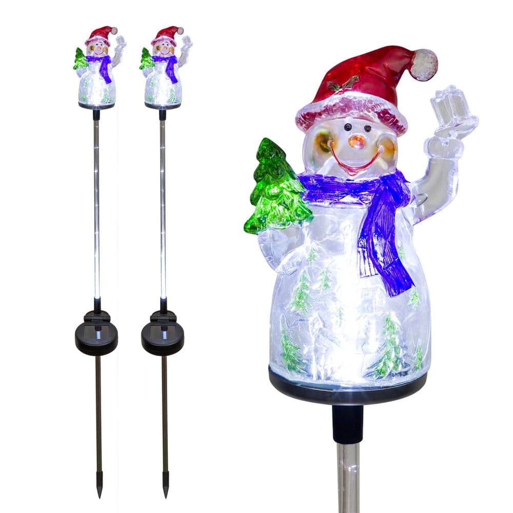 34 in. Tall Solar Snowman Fiber Optic Garden Stake with LED Lights, Set of 2 - Hercitys