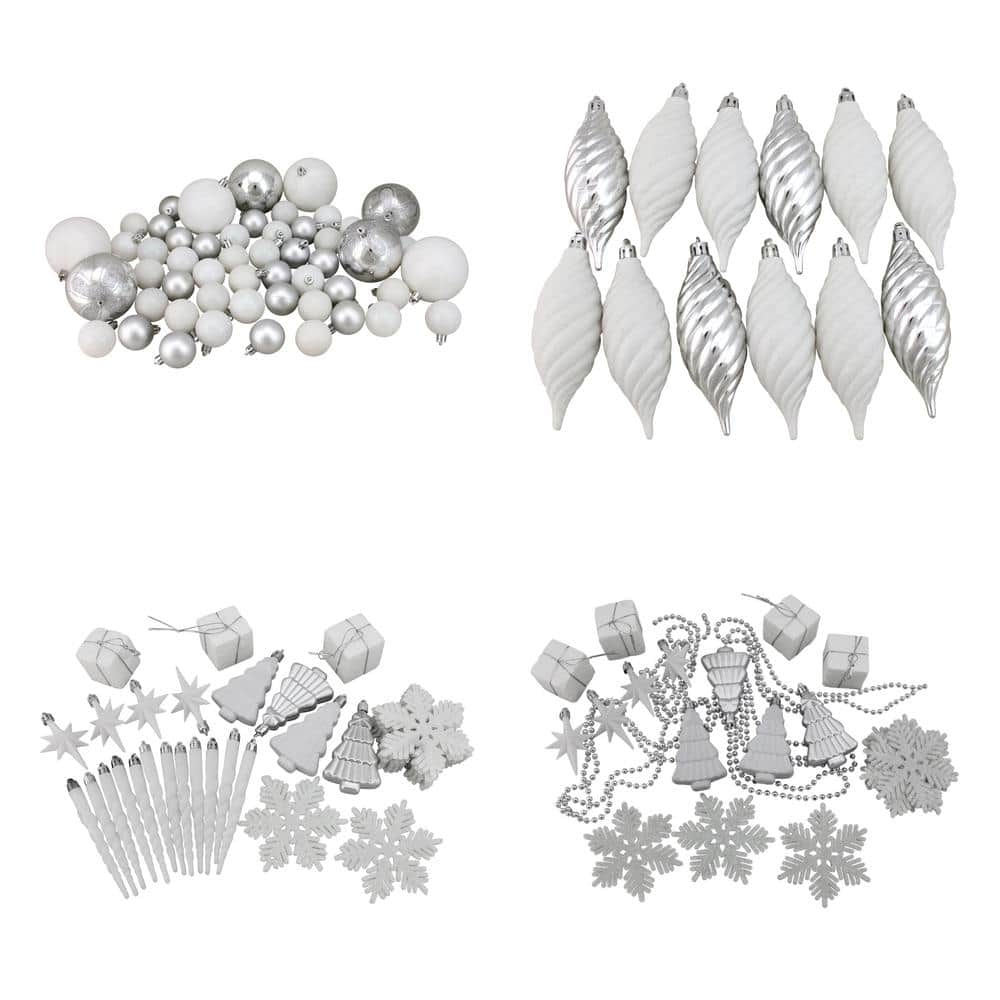 125-Count Winter White and Silver Splendor Shatterproof 4-Finish Christmas Ornaments - Hercitys