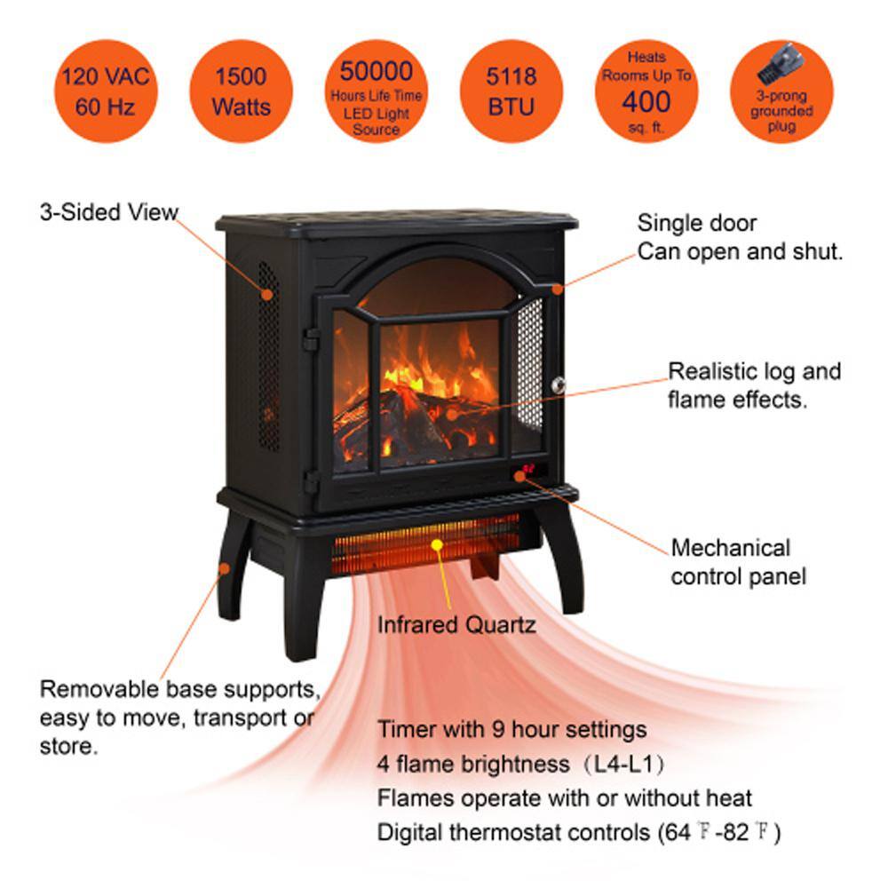 18 in. 400 sq. ft. 3D Flame Electric Infrared Quartz Fireplace Stove in Black with Remote Control - Hercitys