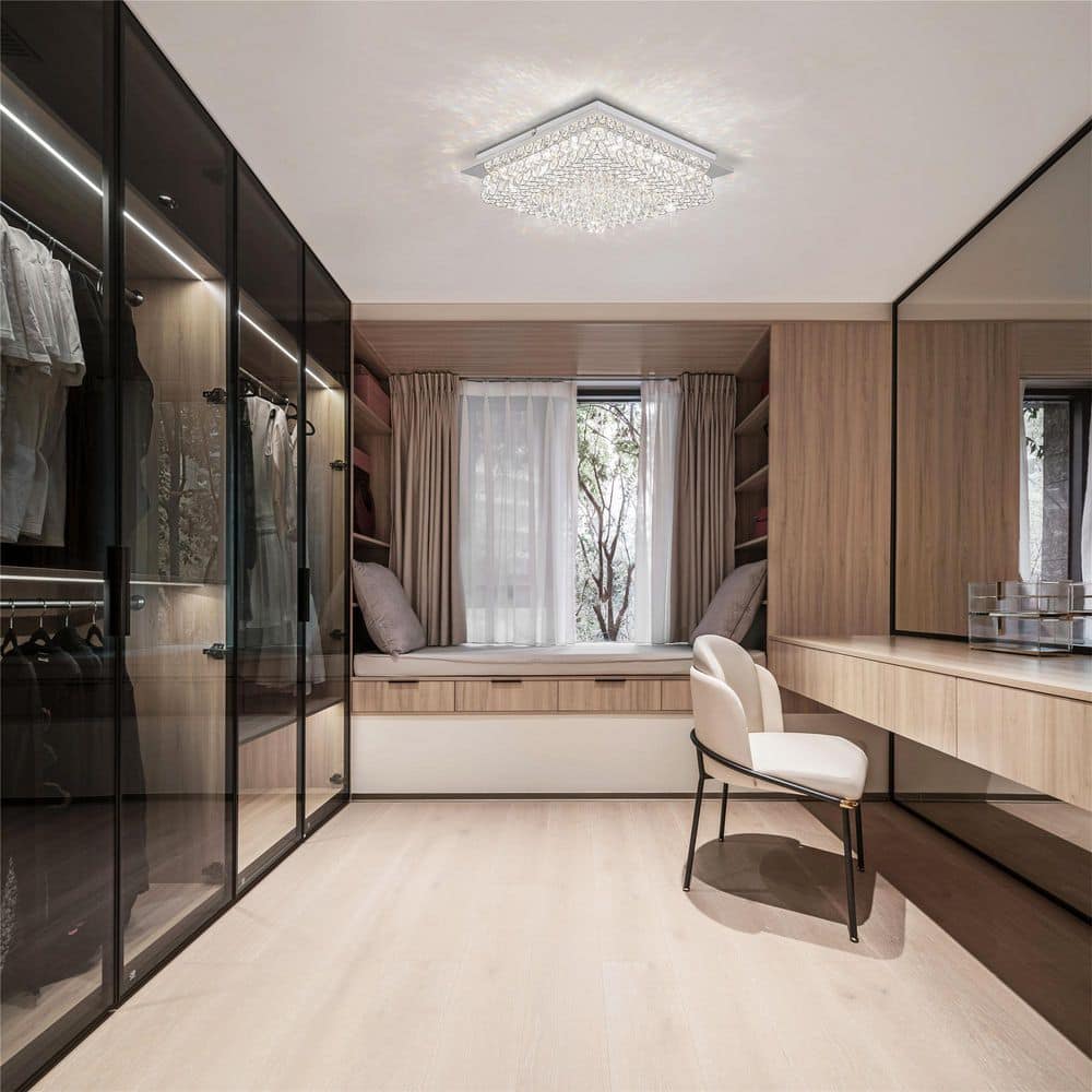 15 In. 18-Watt Modern Silver Integrated LED Flush Mount Lighting with Crystal Glass Shade Bedroom Ceiling Light - Hercitys