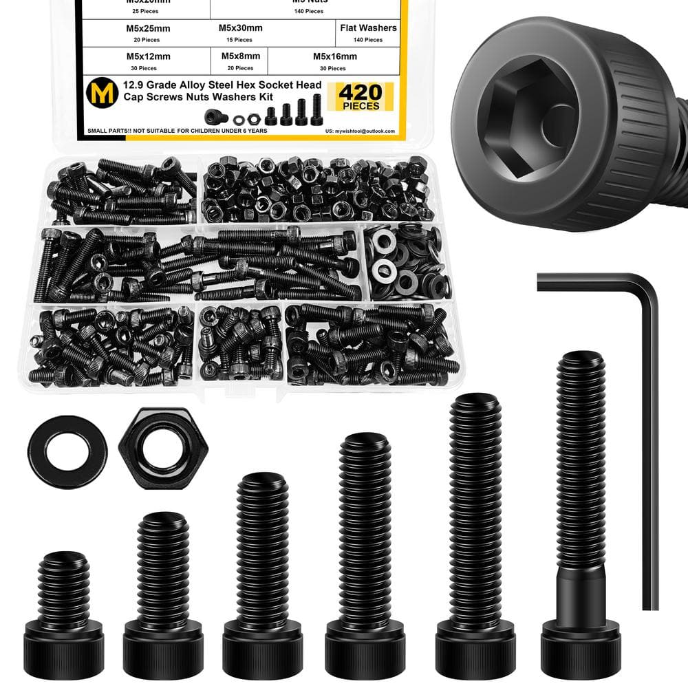 420Pcs Assorted M5 Bolt Metric Screw Assortment M5 x 8/12/16/20/25/30mm, M5 Screws 12.9 Grade Carbon Steel in Black - Hercitys