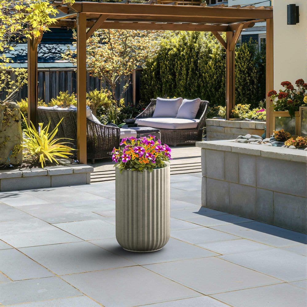 14 in. Large Light Gray (Enhanced Interior) Concrete Round Planter/Pot with Drainage Holes and Vertical Ribbed Texture - Hercitys