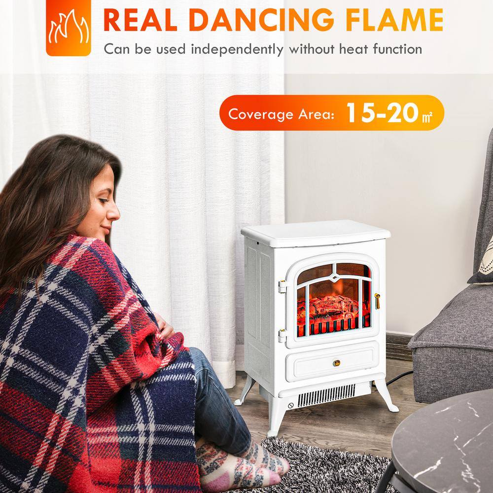 11 in. Freestanding Fire Place Stove Heater with Realistic LED Flames and Logs, and Overheating Protection, White - Hercitys
