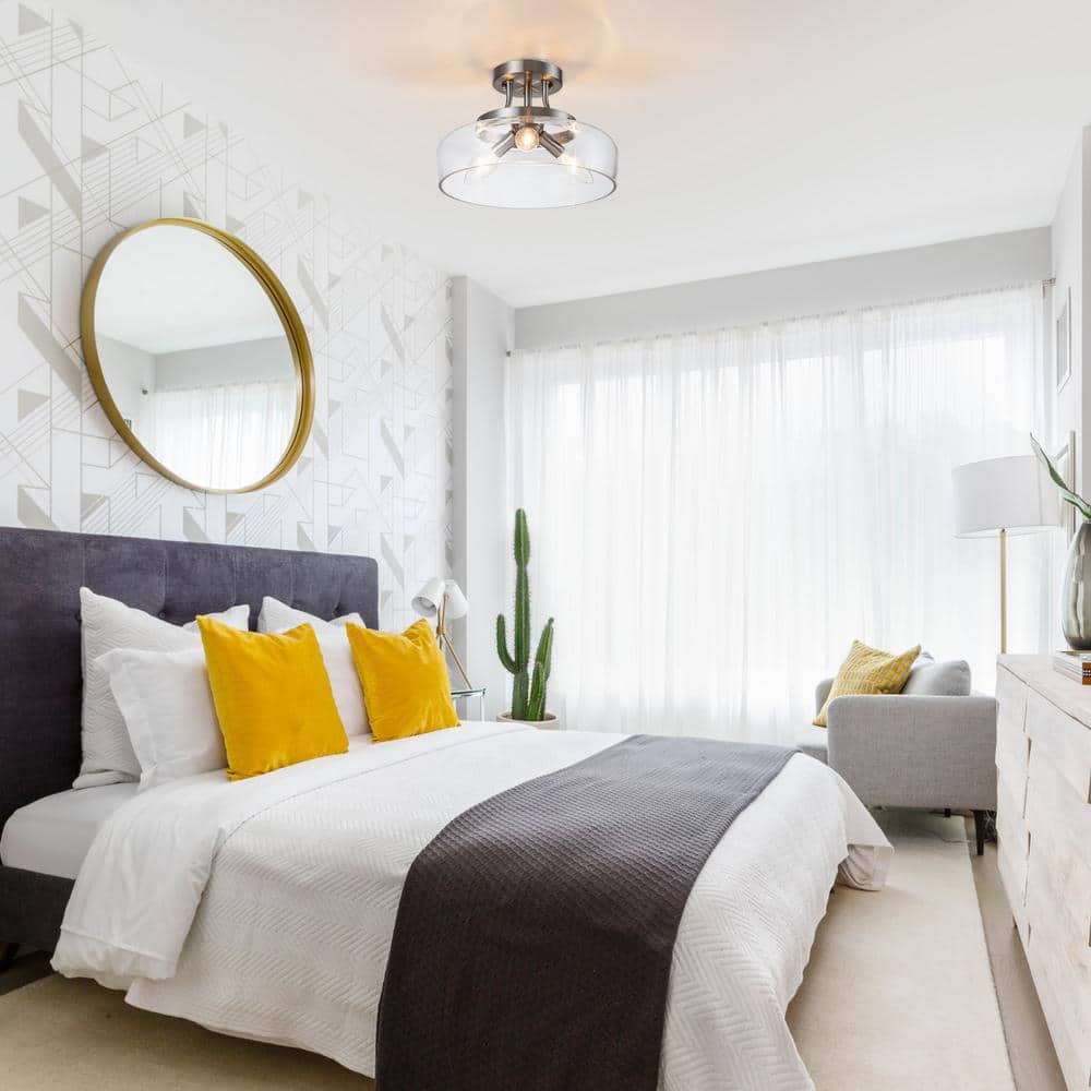 11 in. 3-Light Satin Nickel Transitional Semi-Flush Mount with Clear Glass Shade and No Bulbs Included - Hercitys