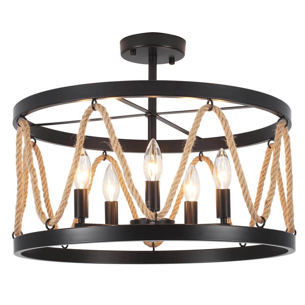 19.68 in. 5-Light Black Drum Metal Hemp Rope Semi-Flush Mount Light，No Bulbs Included - Hercitys