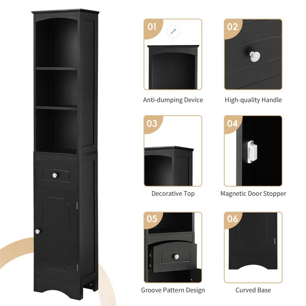 13.4 in. W x9.1in. D x 66.9 in. H Black MDF Ready to Assemble Tall Bathroom Cabinet with Drawer and Adjustable Shelf - Hercitys